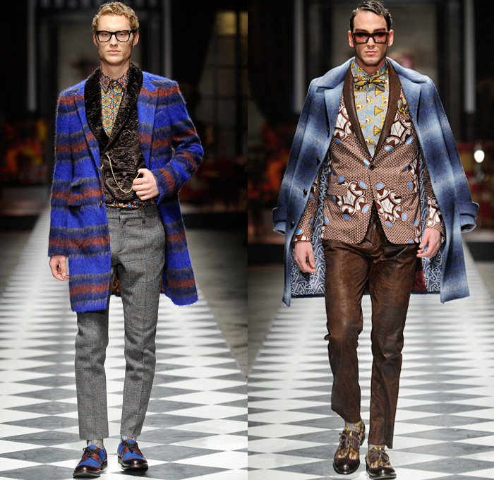 Stella Jean 2014-2015 Fall Autumn Winter Mens Runway Looks Fashion - Pitti Immagine Uomo 85 - Gentleman's Club British London Victorian Era Ornamental Prints Decorative Art Peacoat Checks Scarf Bomber Jacket Brogues Duffel Bag Nautical Trench Coat Psychedelic Motif Pattern Boots Layers Suit Robe Shawl Collar Dandy Dapper