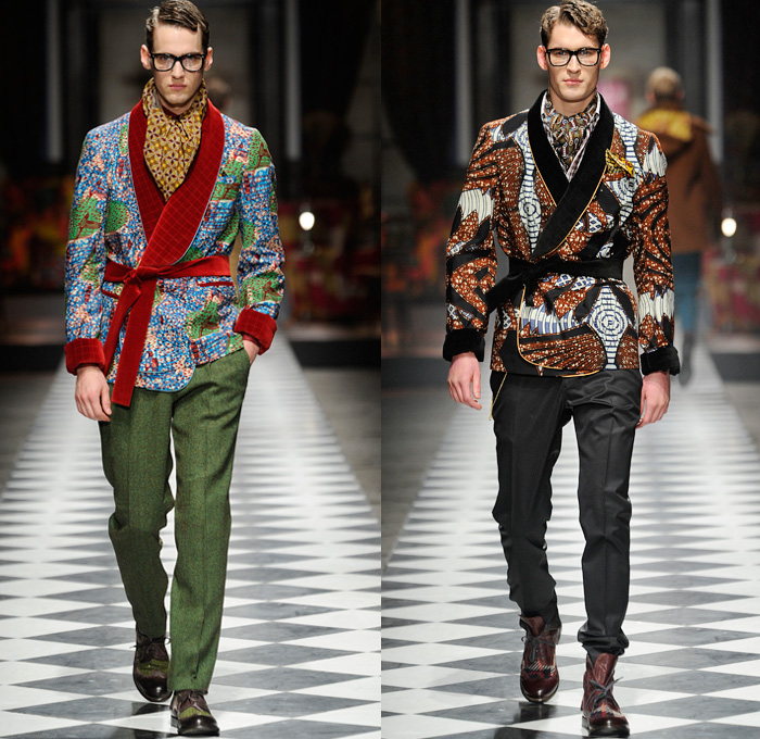 Stella Jean 2014-2015 Fall Autumn Winter Mens Runway Looks Fashion - Pitti Immagine Uomo 85 - Gentleman's Club British London Victorian Era Ornamental Prints Decorative Art Peacoat Checks Scarf Bomber Jacket Brogues Duffel Bag Nautical Trench Coat Psychedelic Motif Pattern Boots Layers Suit Robe Shawl Collar Dandy Dapper