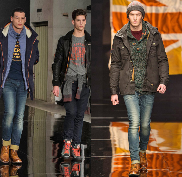 Superdry 2014-2015 Fall Autumn Winter Mens Runway Looks Fashion - London Collections - Raw Dry Rigid Selvedge Selvage Denim Jeans Outerwear Pea Coat Bomber Down Waffle Quilted Jacket Hoodie Parka Chunky Knit Sweater Jumper Pullover Multi-Panel Blazer Sportcoat Shawl Collar Nautical Furry Camouflage