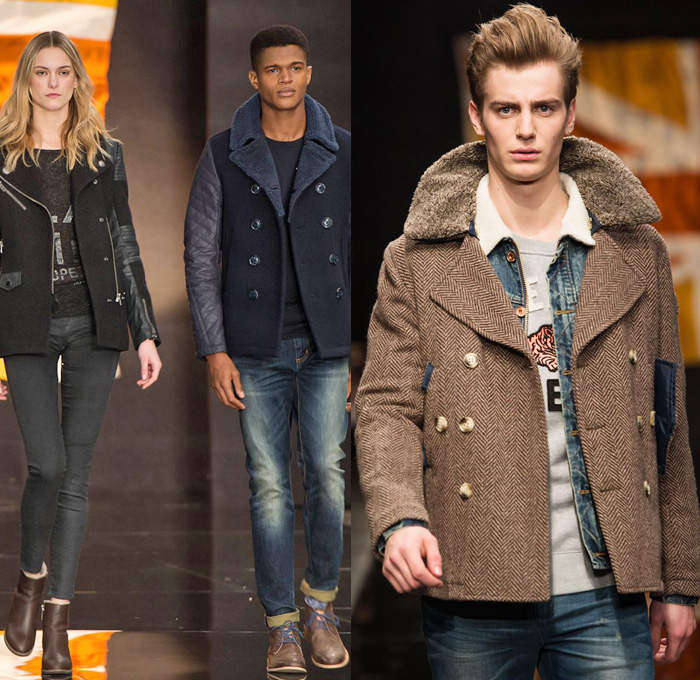 Superdry 2014-2015 Fall Autumn Winter Mens Runway Looks Fashion - London Collections - Raw Dry Rigid Selvedge Selvage Denim Jeans Outerwear Pea Coat Bomber Down Waffle Quilted Jacket Hoodie Parka Chunky Knit Sweater Jumper Pullover Multi-Panel Blazer Sportcoat Shawl Collar Nautical Furry Camouflage