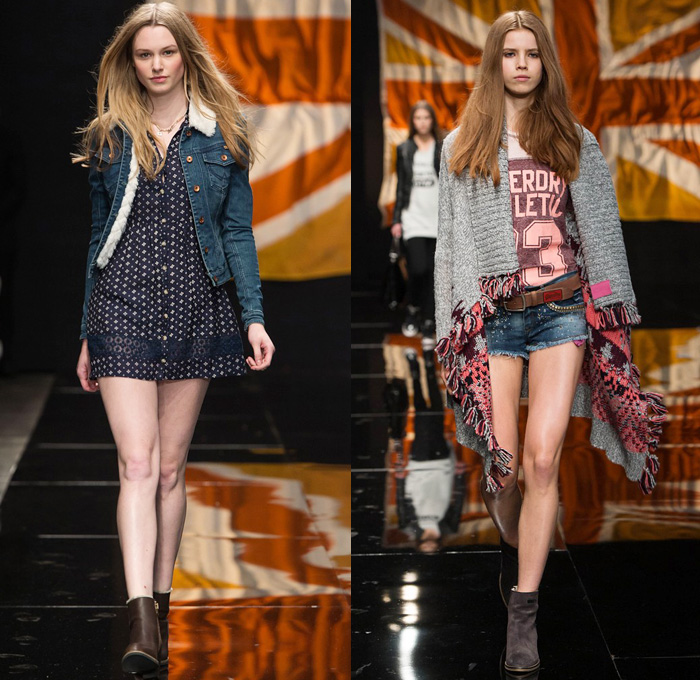 Superdry 2014-2015 Fall Autumn Winter Womens Runway Looks Fashion - London Collections - Denim Jeans Outerwear Trench Coat Chunky Knit Sweater Jumper Multi-Panel Metallic Motorcycle Biker Rider Down Puffer Jacket Cutoffs Shorts Jogging Sweatpants Zippers Skinny Scarf Sporty