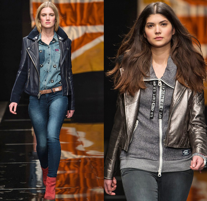 Superdry 2014-2015 Fall Autumn Winter Womens Runway Looks Fashion - London Collections - Denim Jeans Outerwear Trench Coat Chunky Knit Sweater Jumper Multi-Panel Metallic Motorcycle Biker Rider Down Puffer Jacket Cutoffs Shorts Jogging Sweatpants Zippers Skinny Scarf Sporty