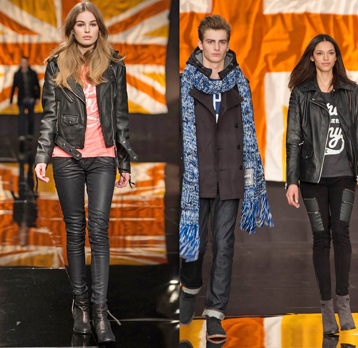 Superdry 2014-2015 Fall Autumn Winter Womens Runway Looks Fashion - London Collections - Denim Jeans Outerwear Trench Coat Chunky Knit Sweater Jumper Multi-Panel Metallic Motorcycle Biker Rider Down Puffer Jacket Cutoffs Shorts Jogging Sweatpants Zippers Skinny Scarf Sporty