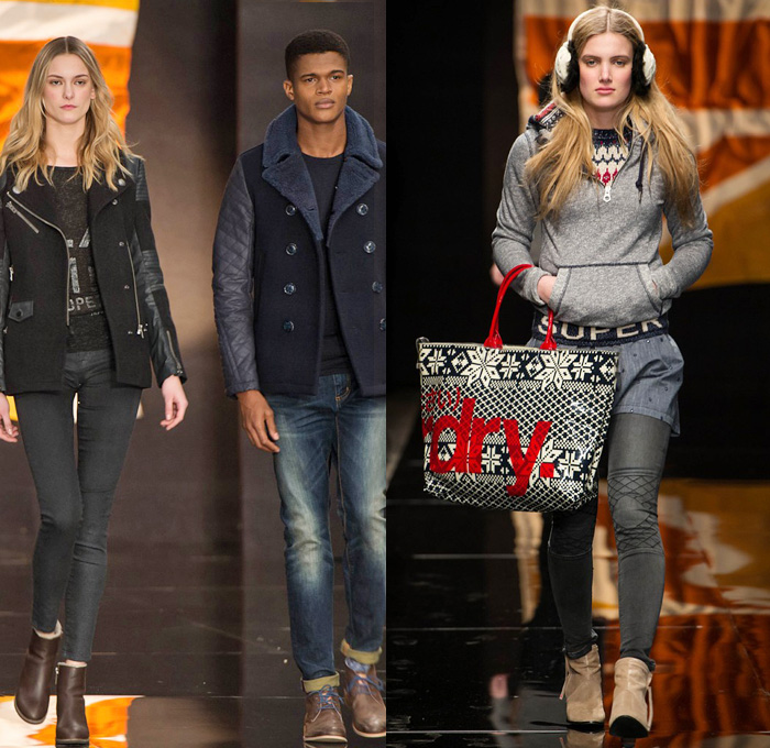 Superdry 2014-2015 Fall Autumn Winter Womens Runway Looks Fashion - London Collections - Denim Jeans Outerwear Trench Coat Chunky Knit Sweater Jumper Multi-Panel Metallic Motorcycle Biker Rider Down Puffer Jacket Cutoffs Shorts Jogging Sweatpants Zippers Skinny Scarf Sporty