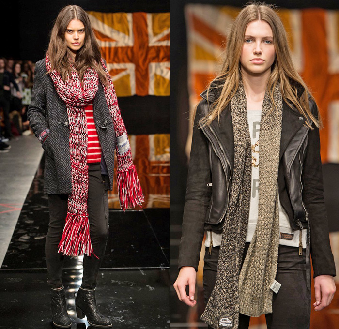 Superdry 2014-2015 Fall Autumn Winter Womens Runway Looks Fashion - London Collections - Denim Jeans Outerwear Trench Coat Chunky Knit Sweater Jumper Multi-Panel Metallic Motorcycle Biker Rider Down Puffer Jacket Cutoffs Shorts Jogging Sweatpants Zippers Skinny Scarf Sporty