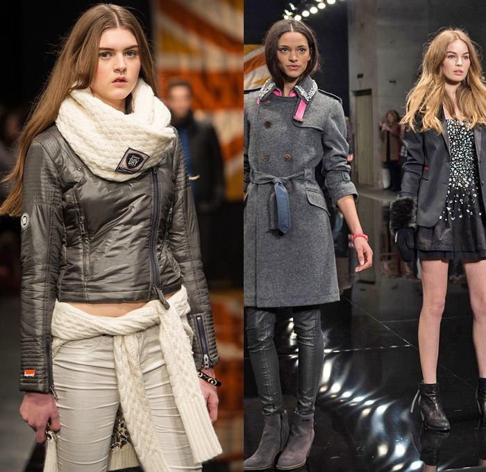 Superdry 2014-2015 Fall Autumn Winter Womens Runway Looks Fashion - London Collections - Denim Jeans Outerwear Trench Coat Chunky Knit Sweater Jumper Multi-Panel Metallic Motorcycle Biker Rider Down Puffer Jacket Cutoffs Shorts Jogging Sweatpants Zippers Skinny Scarf Sporty