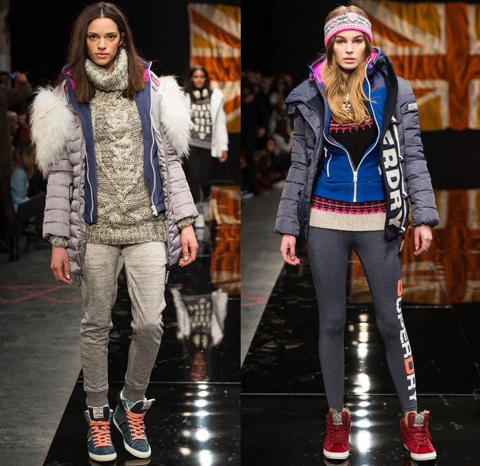 Superdry 2014-2015 Fall Autumn Winter Womens Runway Looks Fashion - London Collections - Denim Jeans Outerwear Trench Coat Chunky Knit Sweater Jumper Multi-Panel Metallic Motorcycle Biker Rider Down Puffer Jacket Cutoffs Shorts Jogging Sweatpants Zippers Skinny Scarf Sporty