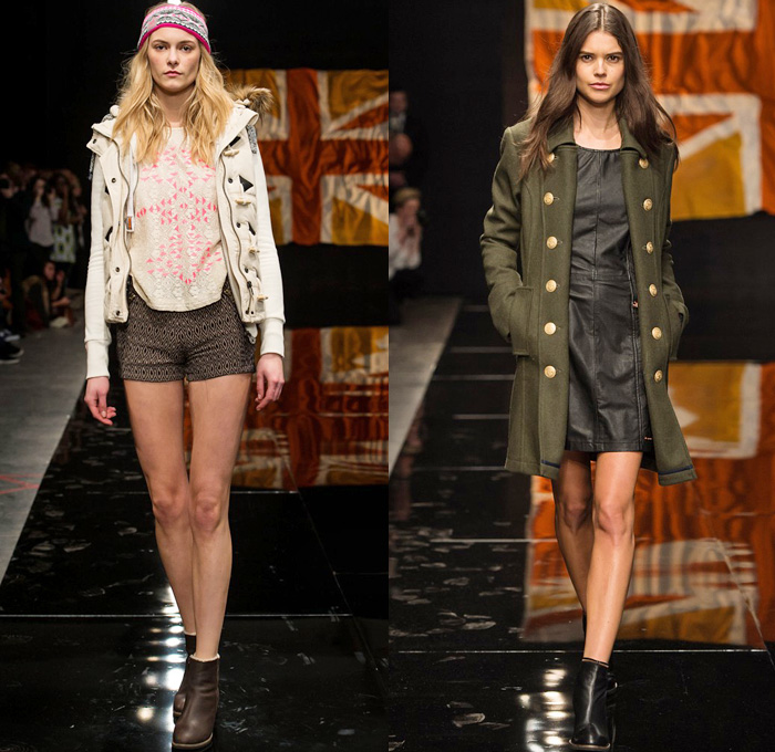 Superdry 2014-2015 Fall Autumn Winter Womens Runway Looks Fashion - London Collections - Denim Jeans Outerwear Trench Coat Chunky Knit Sweater Jumper Multi-Panel Metallic Motorcycle Biker Rider Down Puffer Jacket Cutoffs Shorts Jogging Sweatpants Zippers Skinny Scarf Sporty