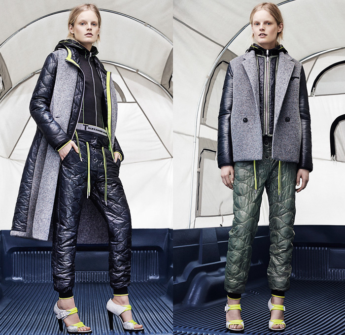 T by Alexander Wang 2014-2015 Fall Autumn Winter Womens Lookbook Presentation - New York Fashion Week - Jogging Sweatpants Puffer Down Jacket Waffle Quilted Outerwear Coat Pea Coat Chunky Knit Drawstring Crop Top Midriff Tuxedo Stripe Leggings Hoodie Skirt Over Leggings Sweaterdress