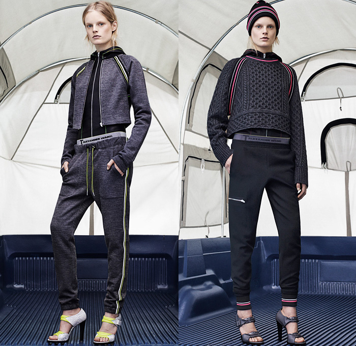 T by Alexander Wang 2014-2015 Fall Autumn Winter Womens Lookbook Presentation - New York Fashion Week - Jogging Sweatpants Puffer Down Jacket Waffle Quilted Outerwear Coat Pea Coat Chunky Knit Drawstring Crop Top Midriff Tuxedo Stripe Leggings Hoodie Skirt Over Leggings Sweaterdress