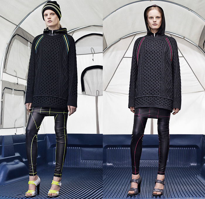 T by Alexander Wang 2014-2015 Fall Autumn Winter Womens Lookbook Presentation - New York Fashion Week - Jogging Sweatpants Puffer Down Jacket Waffle Quilted Outerwear Coat Pea Coat Chunky Knit Drawstring Crop Top Midriff Tuxedo Stripe Leggings Hoodie Skirt Over Leggings Sweaterdress