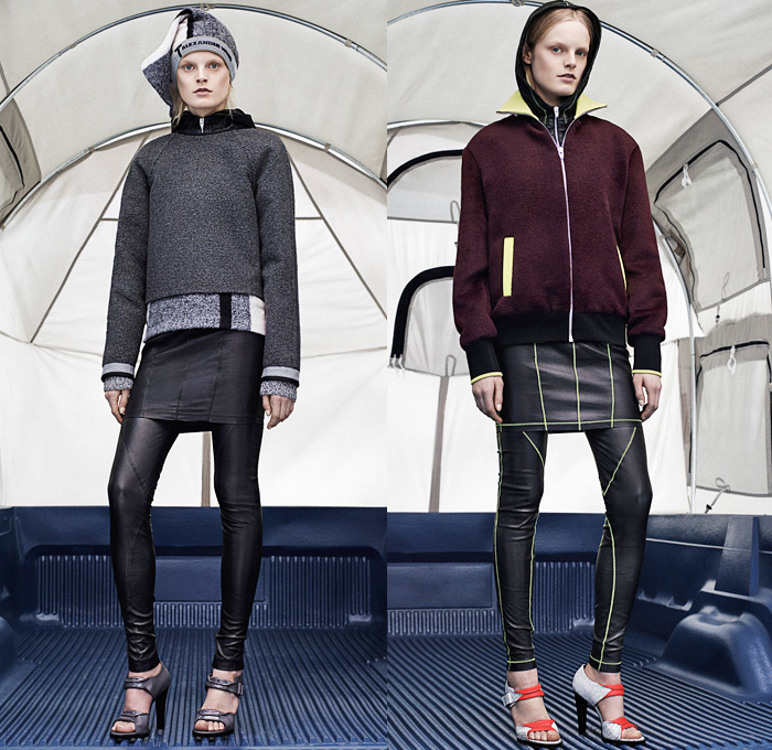 T by Alexander Wang 2014-2015 Fall Autumn Winter Womens Lookbook Presentation - New York Fashion Week - Jogging Sweatpants Puffer Down Jacket Waffle Quilted Outerwear Coat Pea Coat Chunky Knit Drawstring Crop Top Midriff Tuxedo Stripe Leggings Hoodie Skirt Over Leggings Sweaterdress