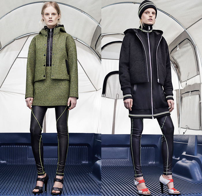 T by Alexander Wang 2014-2015 Fall Autumn Winter Womens Lookbook Presentation - New York Fashion Week - Jogging Sweatpants Puffer Down Jacket Waffle Quilted Outerwear Coat Pea Coat Chunky Knit Drawstring Crop Top Midriff Tuxedo Stripe Leggings Hoodie Skirt Over Leggings Sweaterdress