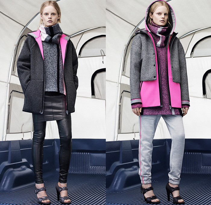 T by Alexander Wang 2014-2015 Fall Autumn Winter Womens Lookbook Presentation - New York Fashion Week - Jogging Sweatpants Puffer Down Jacket Waffle Quilted Outerwear Coat Pea Coat Chunky Knit Drawstring Crop Top Midriff Tuxedo Stripe Leggings Hoodie Skirt Over Leggings Sweaterdress