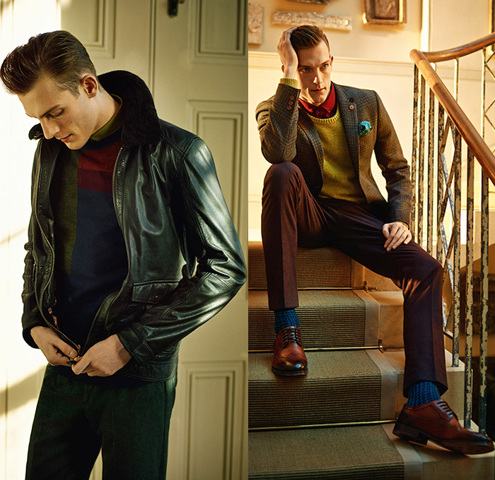 Ted Baker London 2014-2015 Fall Autumn Winter Mens Lookbook Collection Take The Lead - Knit Jersey Chinos Slacks Pants Trousers Colorblock Blazer Brogue Leather Outerwear Jacket Sportcoat Checks Bow Tie Paisley Long Sleeve Button Down Shirt Coat Shawl Collar Suit Windowpane Tuxedo Cocktail Birds Eye Royal Oxford Dogtooth