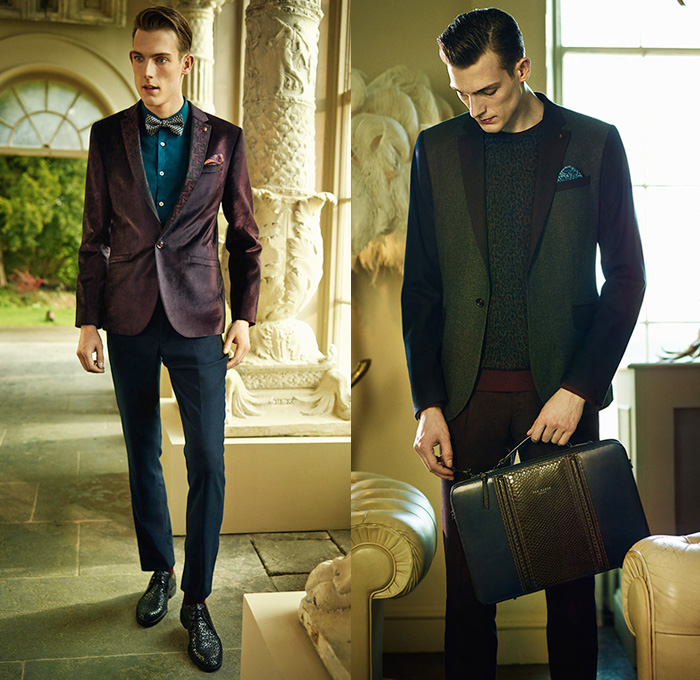 Ted Baker London 2014-2015 Fall Autumn Winter Mens Lookbook Collection Take The Lead - Knit Jersey Chinos Slacks Pants Trousers Colorblock Blazer Brogue Leather Outerwear Jacket Sportcoat Checks Bow Tie Paisley Long Sleeve Button Down Shirt Coat Shawl Collar Suit Windowpane Tuxedo Cocktail Birds Eye Royal Oxford Dogtooth