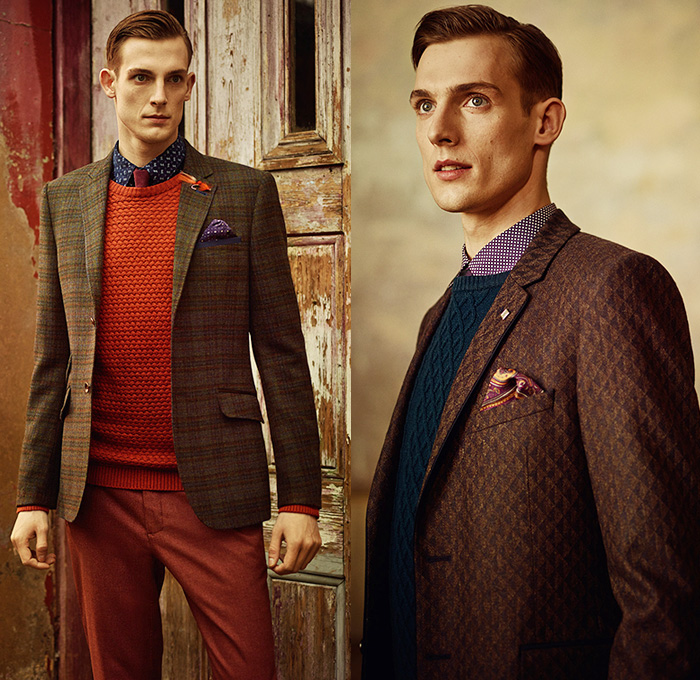 Ted Baker London 2014-2015 Fall Autumn Winter Mens Lookbook Collection Take The Lead - Knit Jersey Chinos Slacks Pants Trousers Colorblock Blazer Brogue Leather Outerwear Jacket Sportcoat Checks Bow Tie Paisley Long Sleeve Button Down Shirt Coat Shawl Collar Suit Windowpane Tuxedo Cocktail Birds Eye Royal Oxford Dogtooth