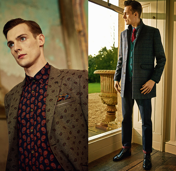 Ted Baker London 2014-2015 Fall Autumn Winter Mens Lookbook Collection Take The Lead - Knit Jersey Chinos Slacks Pants Trousers Colorblock Blazer Brogue Leather Outerwear Jacket Sportcoat Checks Bow Tie Paisley Long Sleeve Button Down Shirt Coat Shawl Collar Suit Windowpane Tuxedo Cocktail Birds Eye Royal Oxford Dogtooth