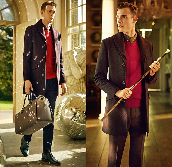 Ted Baker London 2014-2015 Fall Autumn Winter Mens Lookbook Collection Take The Lead - Knit Jersey Chinos Slacks Pants Trousers Colorblock Blazer Brogue Leather Outerwear Jacket Sportcoat Checks Bow Tie Paisley Long Sleeve Button Down Shirt Coat Shawl Collar Suit Windowpane Tuxedo Cocktail Birds Eye Royal Oxford Dogtooth