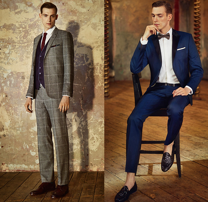 Ted Baker London 2014-2015 Fall Autumn Winter Mens Lookbook Collection Take The Lead - Knit Jersey Chinos Slacks Pants Trousers Colorblock Blazer Brogue Leather Outerwear Jacket Sportcoat Checks Bow Tie Paisley Long Sleeve Button Down Shirt Coat Shawl Collar Suit Windowpane Tuxedo Cocktail Birds Eye Royal Oxford Dogtooth