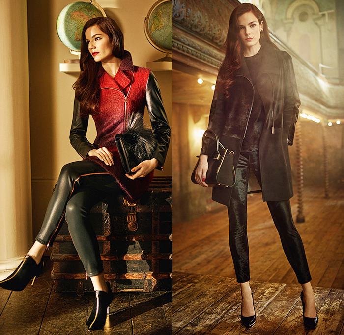 Ted Baker London 2014-2015 Fall Autumn Winter Womens Lookbook Collection Take The Lead - Motorcycle Biker Rider Leather Outerwear Coat Skinny Leggings Furry Velvet Flowers Florals Botanical Bomber Jacket Print Graphic Landscape Sweater Jumper Sequins Pants Trousers Wool Open Back Backless Dress Abstract Windowpane Check Paisley Cape Cloak Tulle Sheer Chiffon Peek-A-Boo Skirt Frock Gloves Pink Lace Pleats 3D Embellishments Gold Metallic