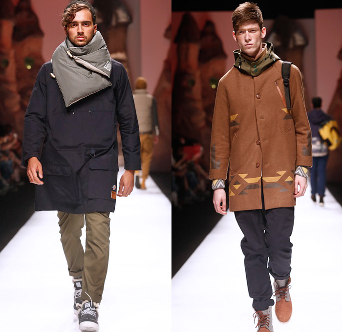 THETHING 2014-2015 Fall Autumn Winter Mens Runway Looks - The Thing Shanghai Fashion Week China - Shorts Over Leggings Outerwear Jacket Waffle Quilted Backpack Stripes Hoodie Plaid Knit Cardigan Sweater Jumper Jogging Sweatpants Scarf Hat Cap Argyle Print Motif Low Crotch Down Jacket Nautical Bib Brace Pillow Scarf Wrap Multi-Panel Wool Manskirt Kilt Paisley Duck Boots Vest Waistcoat Cargo Pockets Camouflage Suspenders
