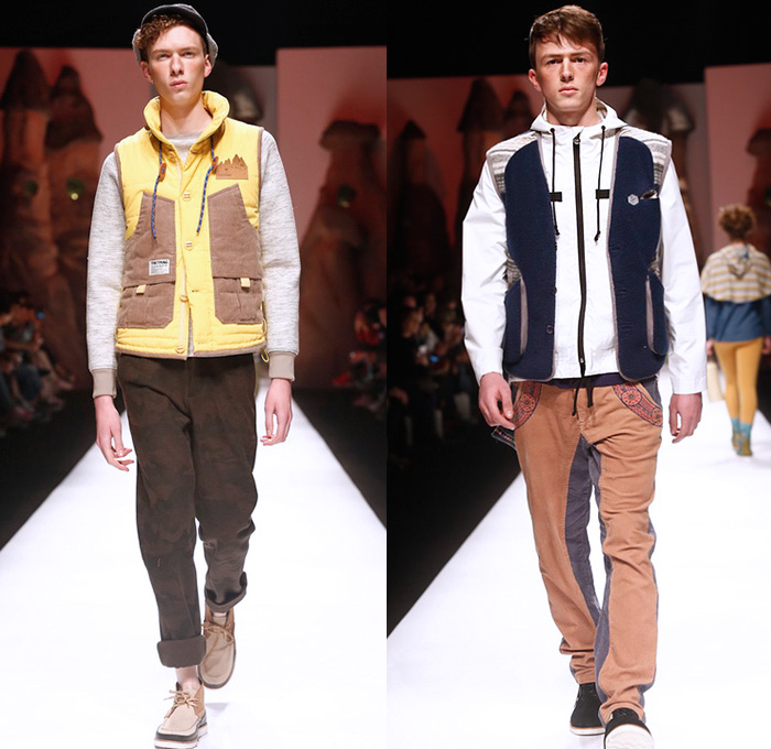 THETHING 2014-2015 Fall Autumn Winter Mens Runway Looks - The Thing Shanghai Fashion Week China - Shorts Over Leggings Outerwear Jacket Waffle Quilted Backpack Stripes Hoodie Plaid Knit Cardigan Sweater Jumper Jogging Sweatpants Scarf Hat Cap Argyle Print Motif Low Crotch Down Jacket Nautical Bib Brace Pillow Scarf Wrap Multi-Panel Wool Manskirt Kilt Paisley Duck Boots Vest Waistcoat Cargo Pockets Camouflage Suspenders