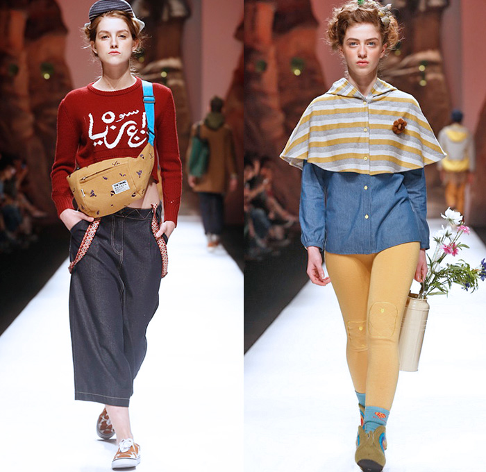 THETHING 2014-2015 Fall Autumn Winter Womens Runway Looks - The Thing Shanghai Fashion Week China - Denim Jeans Shorts Wide Leg Gauchos Culottes Fanny Pack Suspenders Knit Sweater Jumper Hoodie Capelet Blouse Shirt Leggings Skinny Ornamental Print Decorative Art Ethnic Folk Down Shirt Outerwear Waffle Quilted Gloves Hanging Sleeve Trench Coat Stripes Handkerchief Hem Galoshes Nautical Polka Dots Mitten Pockets Pillow Scarf Camo Plaid Onesie Shirtdress Blousedress
