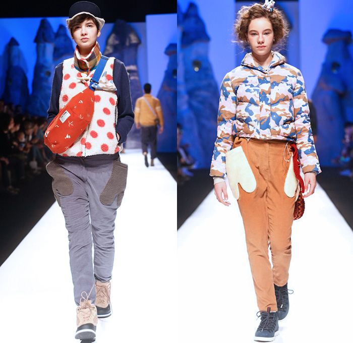 THETHING 2014-2015 Fall Autumn Winter Womens Runway Looks - The Thing Shanghai Fashion Week China - Denim Jeans Shorts Wide Leg Gauchos Culottes Fanny Pack Suspenders Knit Sweater Jumper Hoodie Capelet Blouse Shirt Leggings Skinny Ornamental Print Decorative Art Ethnic Folk Down Shirt Outerwear Waffle Quilted Gloves Hanging Sleeve Trench Coat Stripes Handkerchief Hem Galoshes Nautical Polka Dots Mitten Pockets Pillow Scarf Camo Plaid Onesie Shirtdress Blousedress