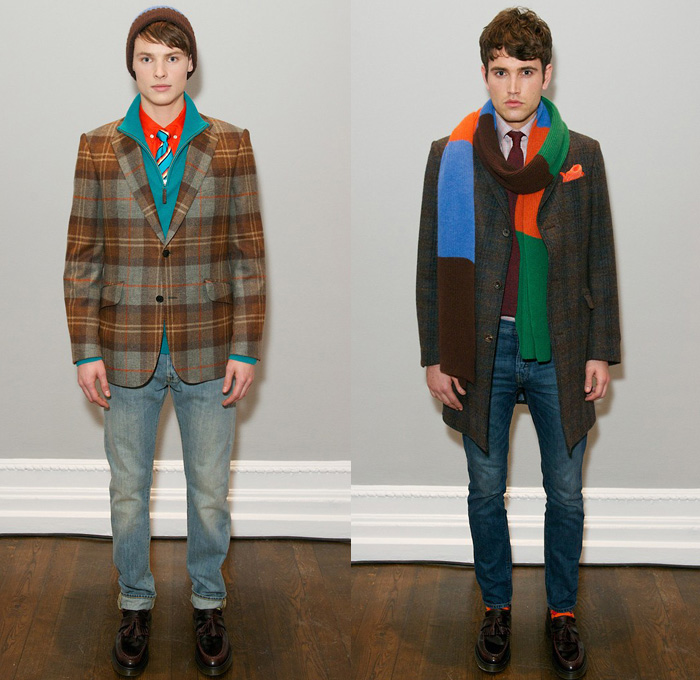 Thomas Pink 2014-2015 Fall Autumn Winter Mens Runway Looks Fashion - London Collections - Denim Jeans Plaid Windowpane Check Blazer Sportcoat Pea Coat Outerwear Scarf Cardigan Suspenders Suit Beanie Knit Cap Pinstripe