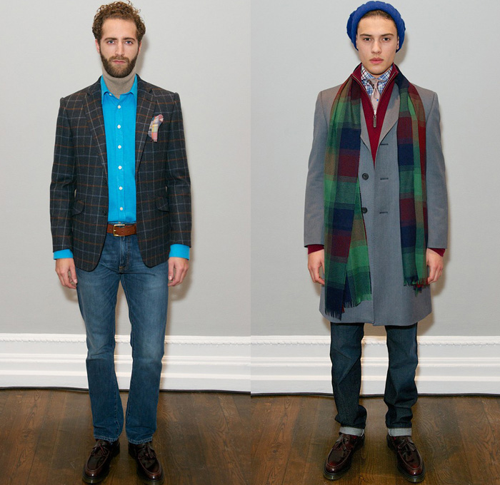 Thomas Pink 2014-2015 Fall Autumn Winter Mens Runway Looks Fashion - London Collections - Denim Jeans Plaid Windowpane Check Blazer Sportcoat Pea Coat Outerwear Scarf Cardigan Suspenders Suit Beanie Knit Cap Pinstripe