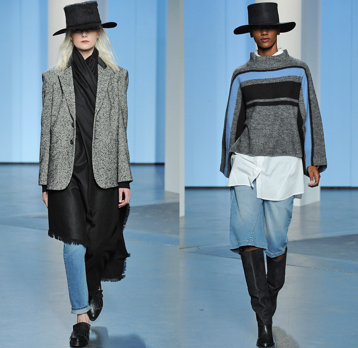 Tibi 2014-2015 Fall Autumn Winter Womens Runway Looks - New York Fashion Week Catwalk - Denim Jeans Shorts Wrap Outerwear Topcoat Overcoat Blazer Fringes Frayed Western Knit Sweater Jumper Stripes Shawl Jogging Sweatpants Houndstooth Checks Sweaterdress Motorcycle Biker Handkerchief Hem Color Block Knee High Boots Wide Leg Culottes Gauchos