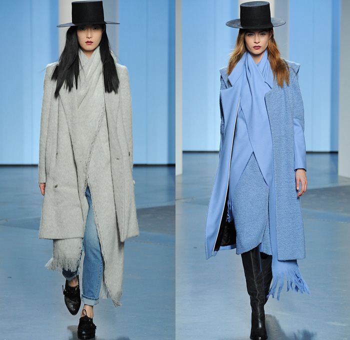 Tibi 2014-2015 Fall Autumn Winter Womens Runway Looks - New York Fashion Week Catwalk - Denim Jeans Shorts Wrap Outerwear Topcoat Overcoat Blazer Fringes Frayed Western Knit Sweater Jumper Stripes Shawl Jogging Sweatpants Houndstooth Checks Sweaterdress Motorcycle Biker Handkerchief Hem Color Block Knee High Boots Wide Leg Culottes Gauchos