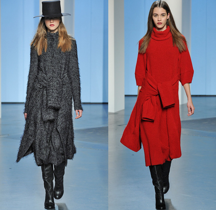 Tibi 2014-2015 Fall Autumn Winter Womens Runway Looks - New York Fashion Week Catwalk - Denim Jeans Shorts Wrap Outerwear Topcoat Overcoat Blazer Fringes Frayed Western Knit Sweater Jumper Stripes Shawl Jogging Sweatpants Houndstooth Checks Sweaterdress Motorcycle Biker Handkerchief Hem Color Block Knee High Boots Wide Leg Culottes Gauchos