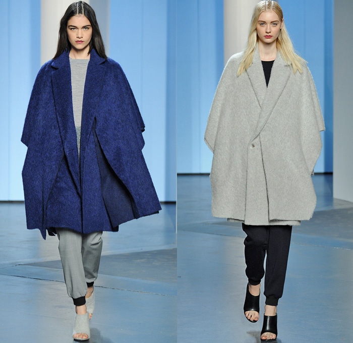 Tibi 2014-2015 Fall Autumn Winter Womens Runway Looks - New York Fashion Week Catwalk - Denim Jeans Shorts Wrap Outerwear Topcoat Overcoat Blazer Fringes Frayed Western Knit Sweater Jumper Stripes Shawl Jogging Sweatpants Houndstooth Checks Sweaterdress Motorcycle Biker Handkerchief Hem Color Block Knee High Boots Wide Leg Culottes Gauchos