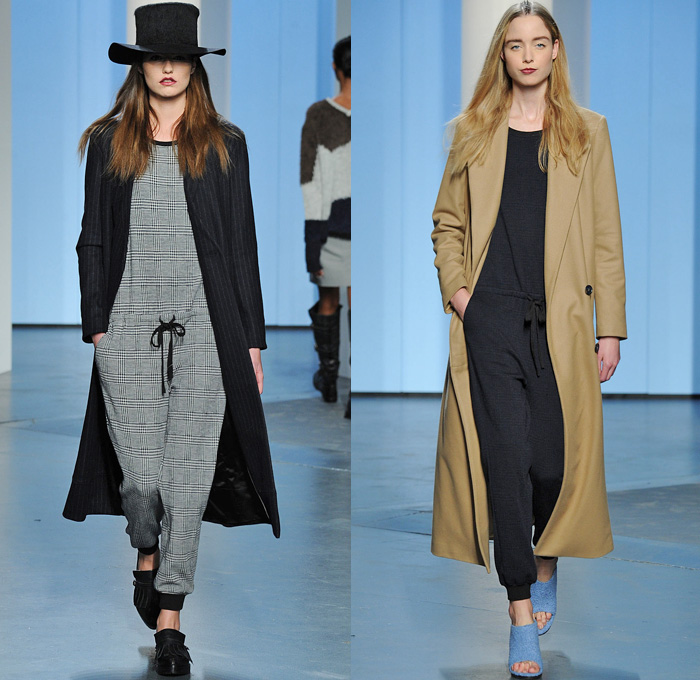 Tibi 2014-2015 Fall Autumn Winter Womens Runway Looks - New York Fashion Week Catwalk - Denim Jeans Shorts Wrap Outerwear Topcoat Overcoat Blazer Fringes Frayed Western Knit Sweater Jumper Stripes Shawl Jogging Sweatpants Houndstooth Checks Sweaterdress Motorcycle Biker Handkerchief Hem Color Block Knee High Boots Wide Leg Culottes Gauchos