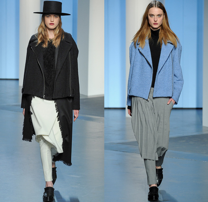 Tibi 2014-2015 Fall Autumn Winter Womens Runway Looks - New York Fashion Week Catwalk - Denim Jeans Shorts Wrap Outerwear Topcoat Overcoat Blazer Fringes Frayed Western Knit Sweater Jumper Stripes Shawl Jogging Sweatpants Houndstooth Checks Sweaterdress Motorcycle Biker Handkerchief Hem Color Block Knee High Boots Wide Leg Culottes Gauchos