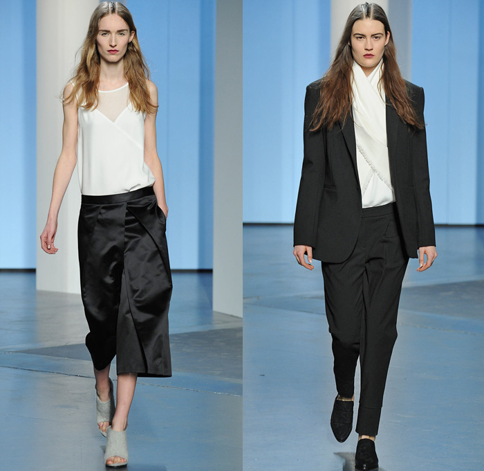 Tibi 2014-2015 Fall Autumn Winter Womens Runway Looks - New York Fashion Week Catwalk - Denim Jeans Shorts Wrap Outerwear Topcoat Overcoat Blazer Fringes Frayed Western Knit Sweater Jumper Stripes Shawl Jogging Sweatpants Houndstooth Checks Sweaterdress Motorcycle Biker Handkerchief Hem Color Block Knee High Boots Wide Leg Culottes Gauchos