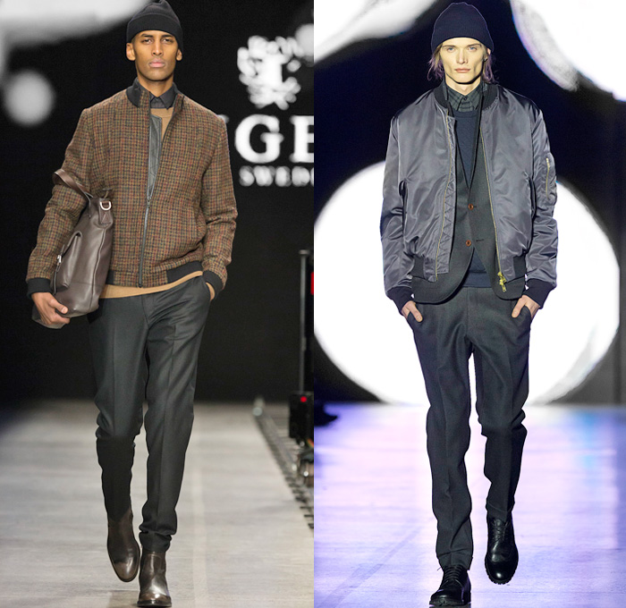 Tiger of Sweden 2014-2015 Fall Autumn Winter Mens Runway Looks Fashion - Mercedes-Benz Fashion Week Stockholm Sweden Falla Host Vinter - Skinny Biker Leather Pants Jeans Trousers Bomber Jacket Checks Plaid Zipper Knit Cap Beanie Suit Blazer Motorcycle Biker Rider Sweater Jumper Outerwear Trench Coat Overcoat Topcoat Hidden Buttons