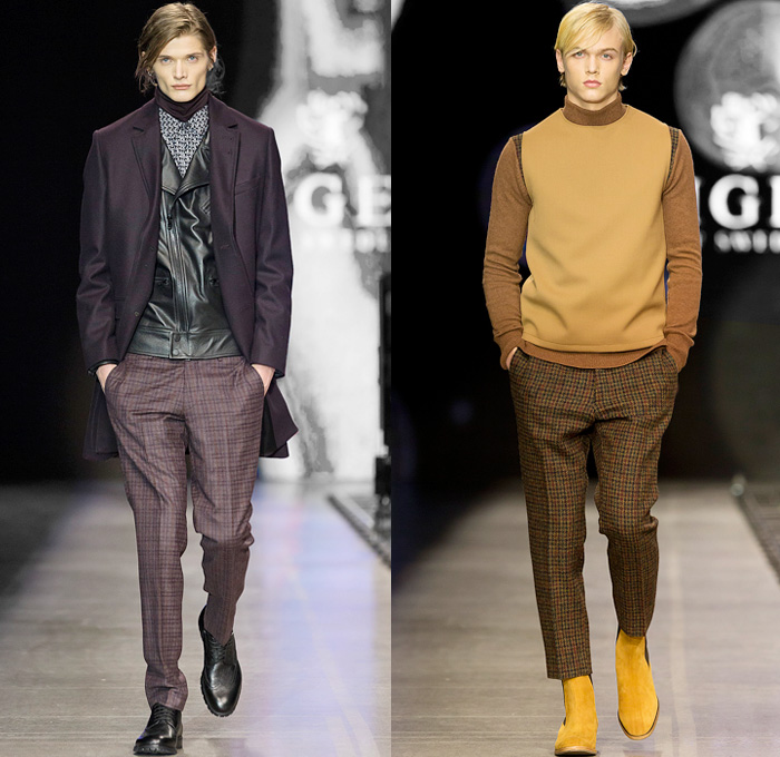 Tiger of Sweden 2014-2015 Fall Autumn Winter Mens Runway Looks Fashion - Mercedes-Benz Fashion Week Stockholm Sweden Falla Host Vinter - Skinny Biker Leather Pants Jeans Trousers Bomber Jacket Checks Plaid Zipper Knit Cap Beanie Suit Blazer Motorcycle Biker Rider Sweater Jumper Outerwear Trench Coat Overcoat Topcoat Hidden Buttons