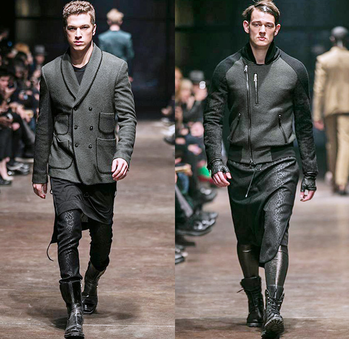 TOM REBL 2014-2015 Fall Autumn Winter Mens Runway Looks Fashion - Milano Moda Uomo Milan Fashion Week - Denim Jeans Tribal Kilt Manskirt Shawl Collar Oversized Outerwear Coat Jacket Blazer Tuxedo Robe Leggings Asymmetrical Zipper Black & White Quilted Drapery Wrap Ombre Splatters Snake Reptile Leather Straps Knit Sweater Jumper