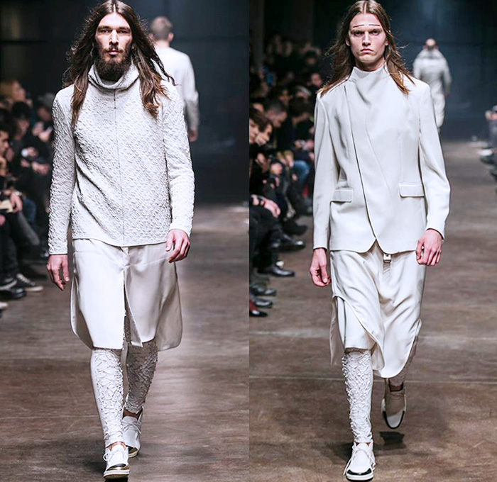 TOM REBL 2014-2015 Fall Autumn Winter Mens Runway Looks Fashion - Milano Moda Uomo Milan Fashion Week - Denim Jeans Tribal Kilt Manskirt Shawl Collar Oversized Outerwear Coat Jacket Blazer Tuxedo Robe Leggings Asymmetrical Zipper Black & White Quilted Drapery Wrap Ombre Splatters Snake Reptile Leather Straps Knit Sweater Jumper