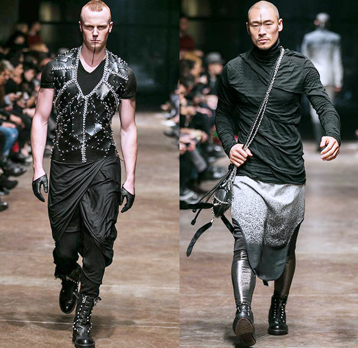 TOM REBL 2014-2015 Fall Autumn Winter Mens Runway Looks Fashion - Milano Moda Uomo Milan Fashion Week - Denim Jeans Tribal Kilt Manskirt Shawl Collar Oversized Outerwear Coat Jacket Blazer Tuxedo Robe Leggings Asymmetrical Zipper Black & White Quilted Drapery Wrap Ombre Splatters Snake Reptile Leather Straps Knit Sweater Jumper