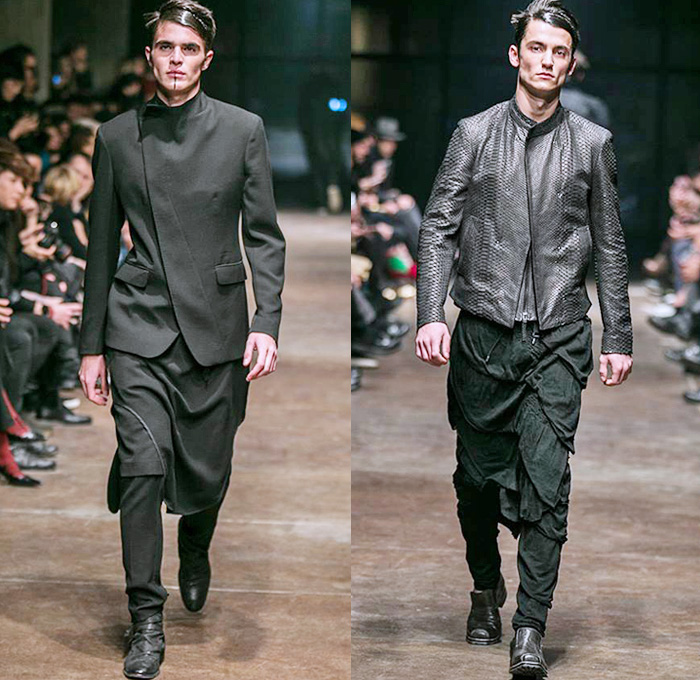 TOM REBL 2014-2015 Fall Autumn Winter Mens Runway Looks Fashion - Milano Moda Uomo Milan Fashion Week - Denim Jeans Tribal Kilt Manskirt Shawl Collar Oversized Outerwear Coat Jacket Blazer Tuxedo Robe Leggings Asymmetrical Zipper Black & White Quilted Drapery Wrap Ombre Splatters Snake Reptile Leather Straps Knit Sweater Jumper