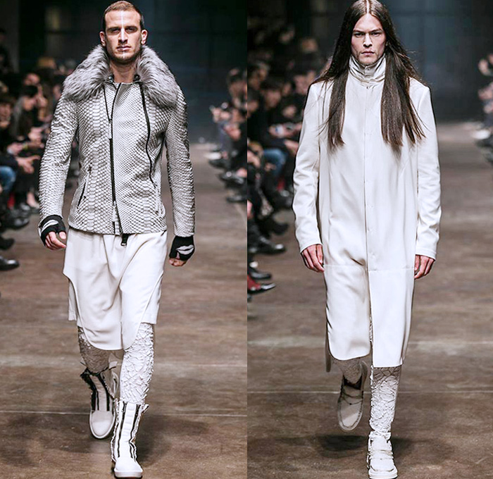 TOM REBL 2014-2015 Fall Autumn Winter Mens Runway Looks Fashion - Milano Moda Uomo Milan Fashion Week - Denim Jeans Tribal Kilt Manskirt Shawl Collar Oversized Outerwear Coat Jacket Blazer Tuxedo Robe Leggings Asymmetrical Zipper Black & White Quilted Drapery Wrap Ombre Splatters Snake Reptile Leather Straps Knit Sweater Jumper