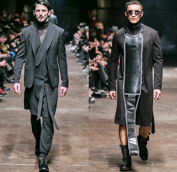 TOM REBL 2014-2015 Fall Autumn Winter Mens Runway Looks Fashion - Milano Moda Uomo Milan Fashion Week - Denim Jeans Tribal Kilt Manskirt Shawl Collar Oversized Outerwear Coat Jacket Blazer Tuxedo Robe Leggings Asymmetrical Zipper Black & White Quilted Drapery Wrap Ombre Splatters Snake Reptile Leather Straps Knit Sweater Jumper