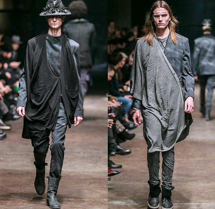 TOM REBL 2014-2015 Fall Autumn Winter Mens Runway Looks Fashion - Milano Moda Uomo Milan Fashion Week - Denim Jeans Tribal Kilt Manskirt Shawl Collar Oversized Outerwear Coat Jacket Blazer Tuxedo Robe Leggings Asymmetrical Zipper Black & White Quilted Drapery Wrap Ombre Splatters Snake Reptile Leather Straps Knit Sweater Jumper