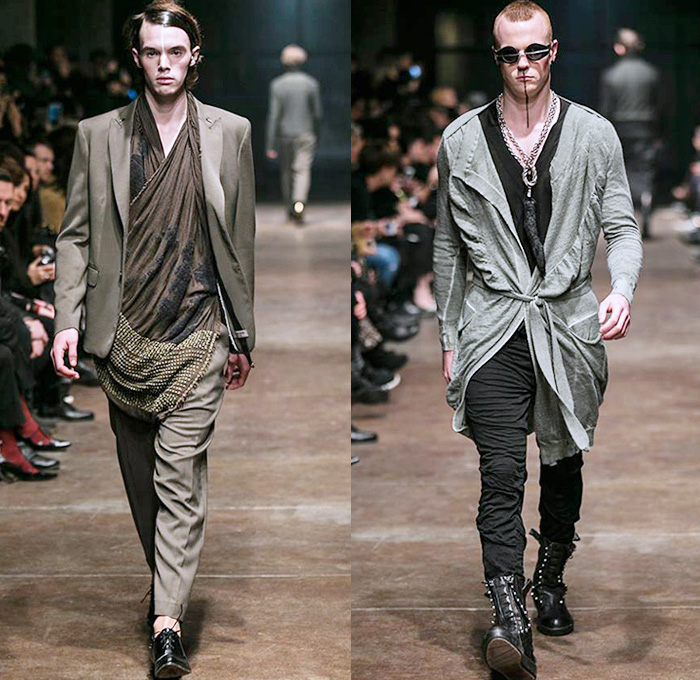 TOM REBL 2014-2015 Fall Autumn Winter Mens Runway Looks Fashion - Milano Moda Uomo Milan Fashion Week - Denim Jeans Tribal Kilt Manskirt Shawl Collar Oversized Outerwear Coat Jacket Blazer Tuxedo Robe Leggings Asymmetrical Zipper Black & White Quilted Drapery Wrap Ombre Splatters Snake Reptile Leather Straps Knit Sweater Jumper