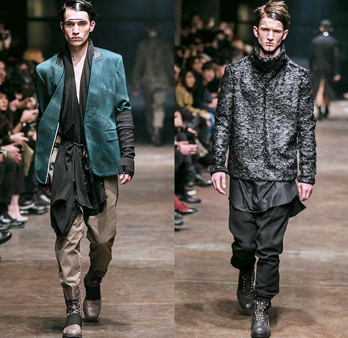 TOM REBL 2014-2015 Fall Autumn Winter Mens Runway Looks Fashion - Milano Moda Uomo Milan Fashion Week - Denim Jeans Tribal Kilt Manskirt Shawl Collar Oversized Outerwear Coat Jacket Blazer Tuxedo Robe Leggings Asymmetrical Zipper Black & White Quilted Drapery Wrap Ombre Splatters Snake Reptile Leather Straps Knit Sweater Jumper