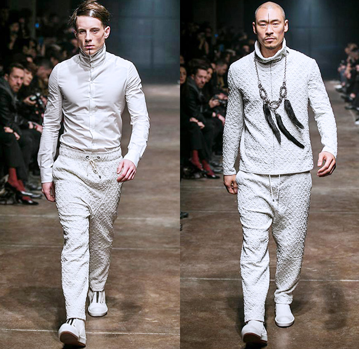 TOM REBL 2014-2015 Fall Autumn Winter Mens Runway Looks Fashion - Milano Moda Uomo Milan Fashion Week - Denim Jeans Tribal Kilt Manskirt Shawl Collar Oversized Outerwear Coat Jacket Blazer Tuxedo Robe Leggings Asymmetrical Zipper Black & White Quilted Drapery Wrap Ombre Splatters Snake Reptile Leather Straps Knit Sweater Jumper